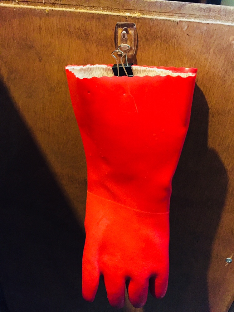 Rubber Gloves held by a binder clip hanging on a Command Hook