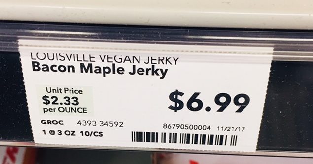 Price Tag for Vegan Jerkey, $6.99 a bag