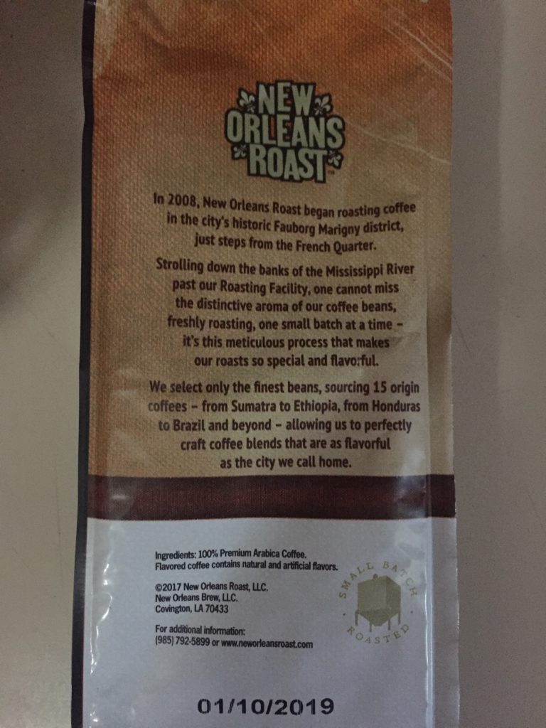 Back of the New Orleans Roast bag