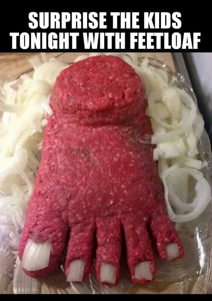 Picture of Meatloaf made like a foot with chopped onions for toenails