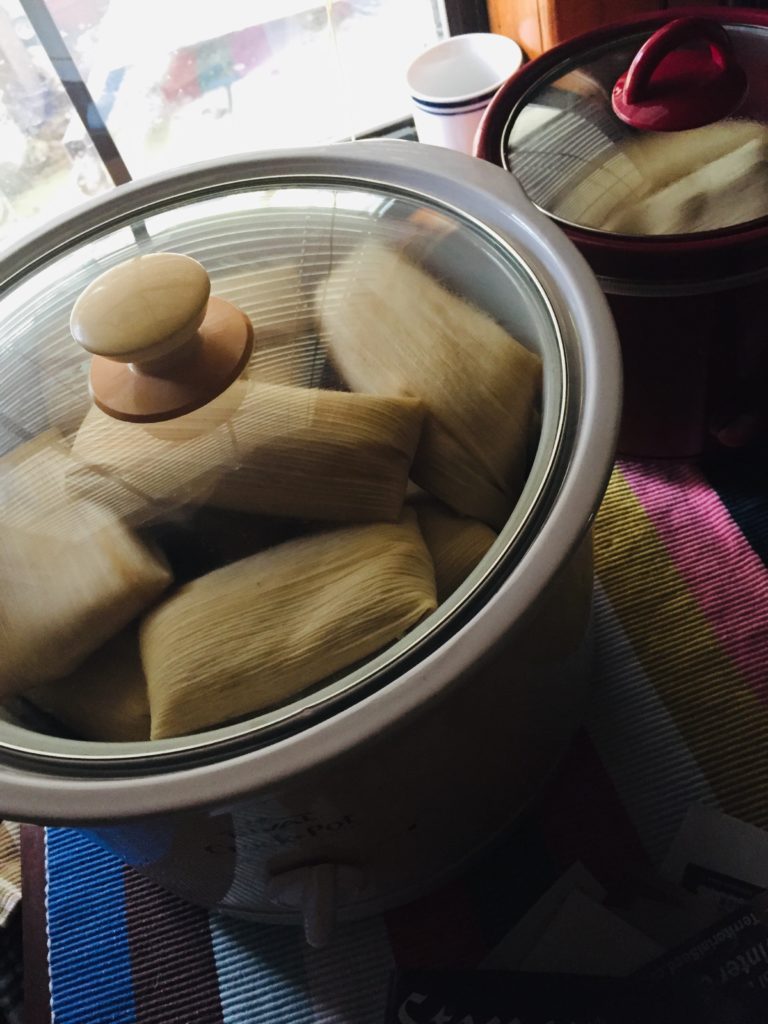 Chicken Tamales steaming in a 6-quart Crockpot