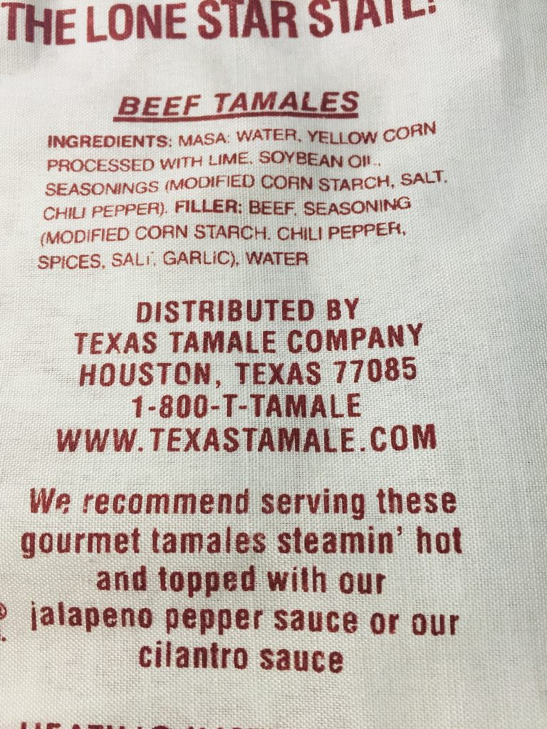 Texas Tamale Bag Bag with ingredients and company contact information