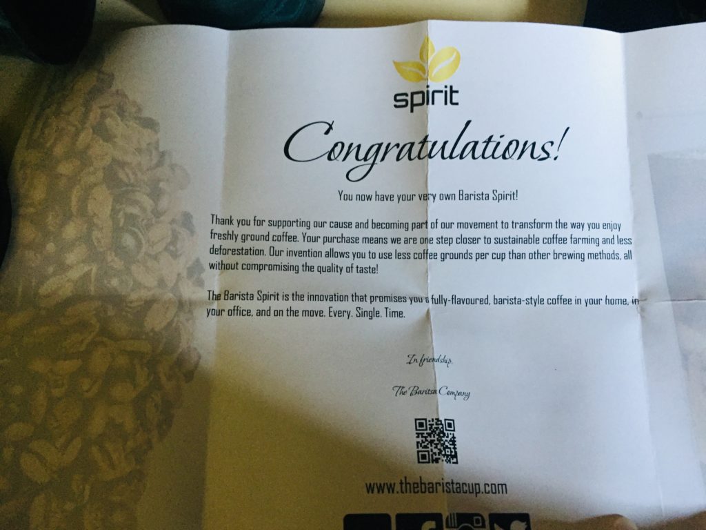 Barista Spirit cup certificate of authenticity