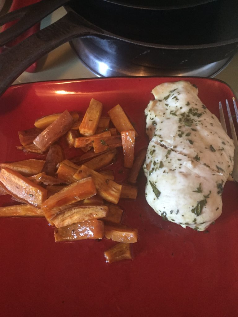 Cooked chicken tarragon with sweet potato fries