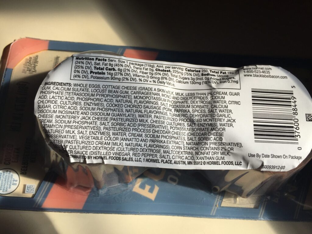 Ingredient list for the Hormel Egg Bites