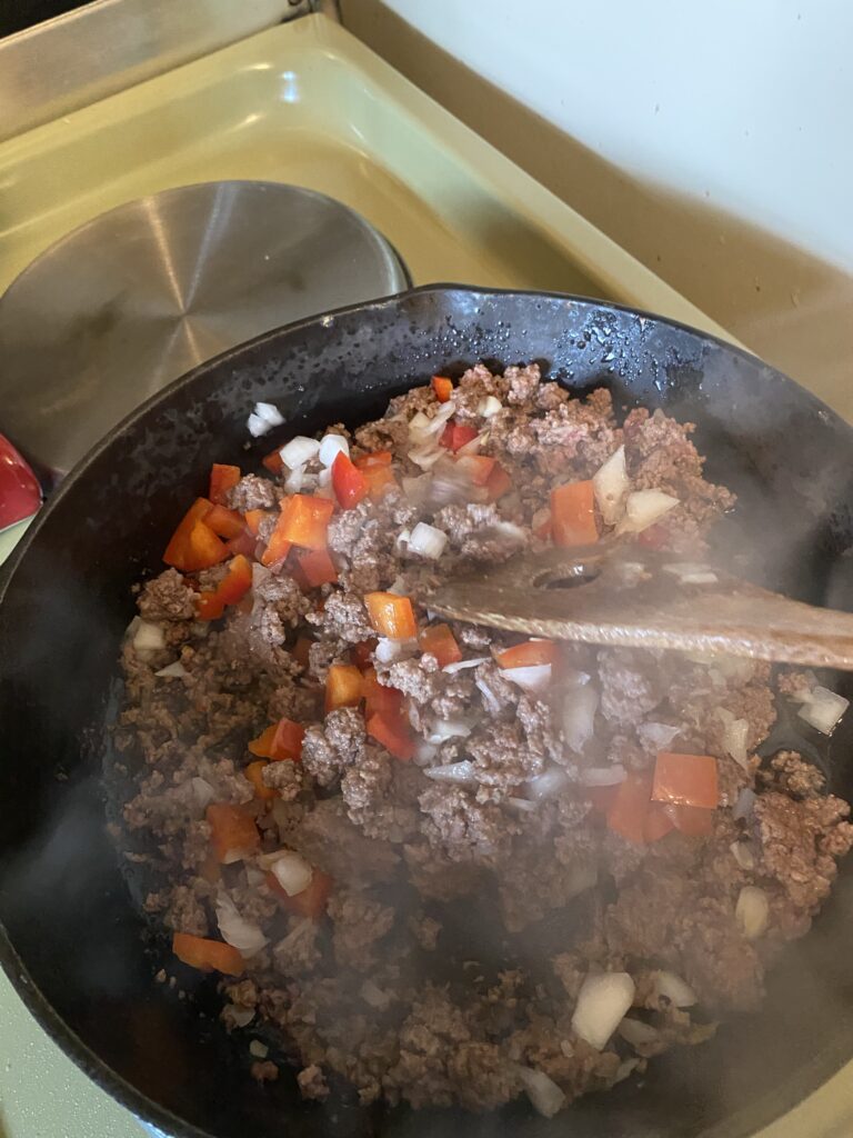 Cooking veg in ground beef