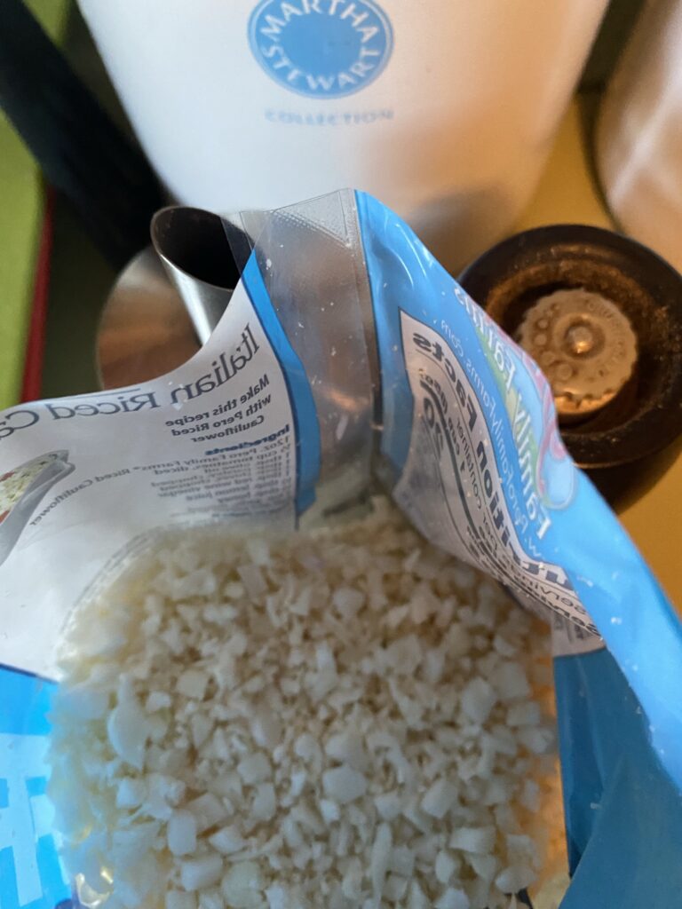 Open bag of cauliflower rice
