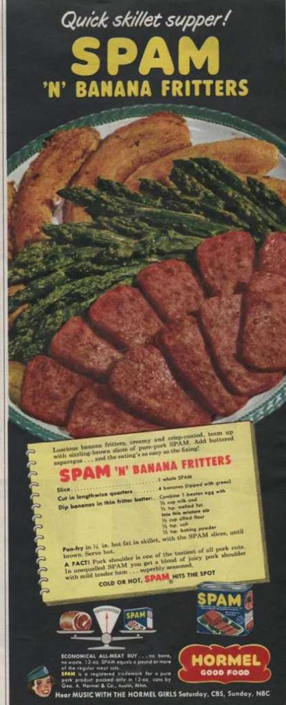 Ad for s-p-a-m with banana fritters from 1951
