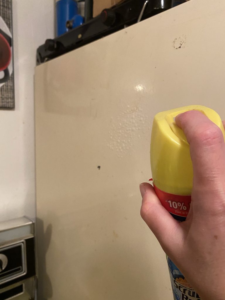 Spraying fridge with scrubbing bubbles