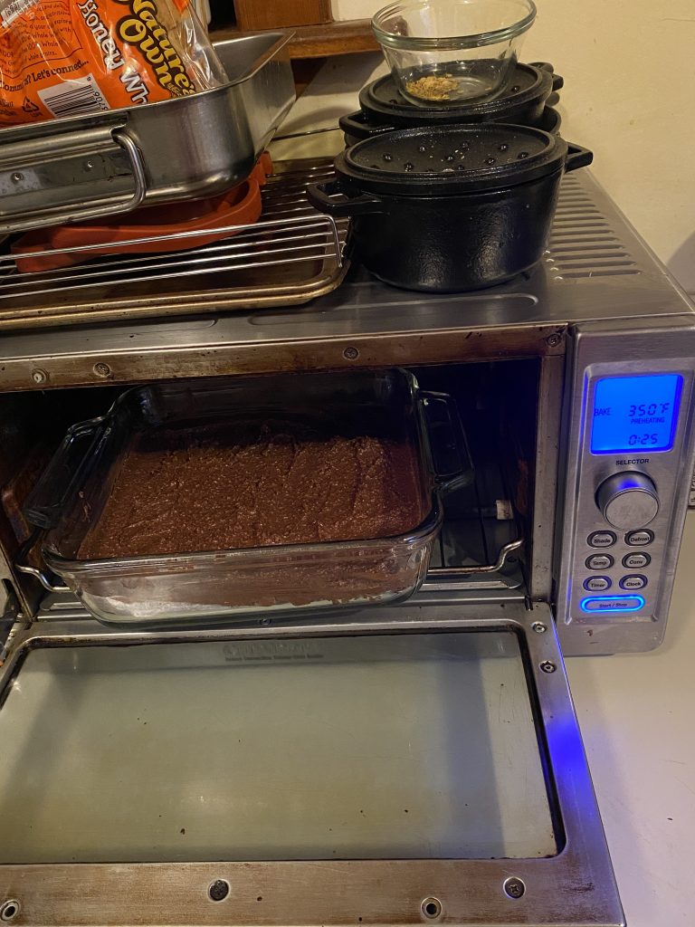 Brownies going into countertop oven for 25 minutes