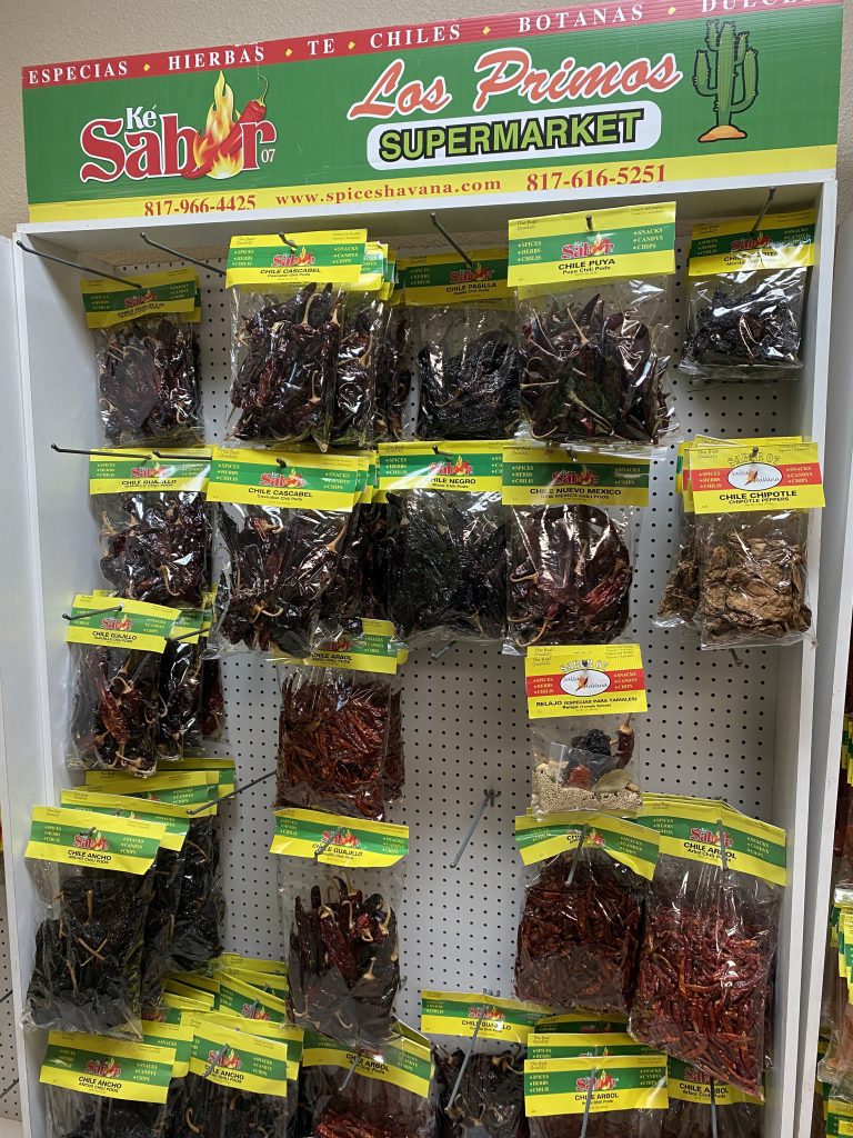 Dried chili packets hanging on the wall