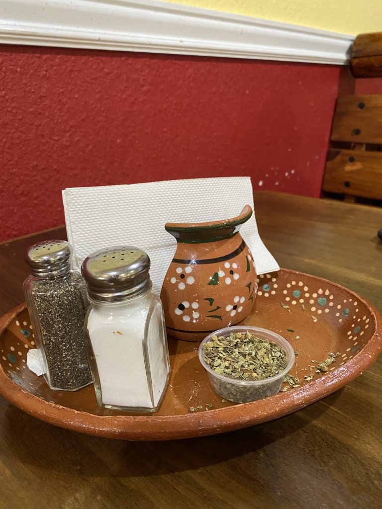 Salt and pepper tray on table at Los Primos