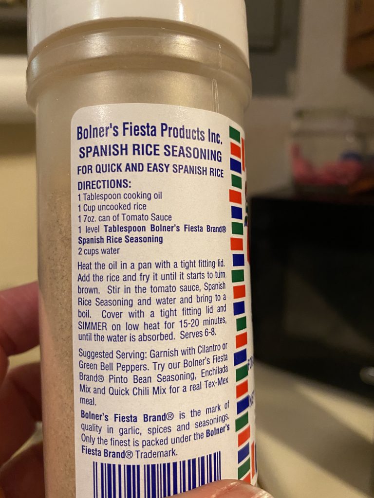 Recipe on side of Spanish Rice Seasoning bottle