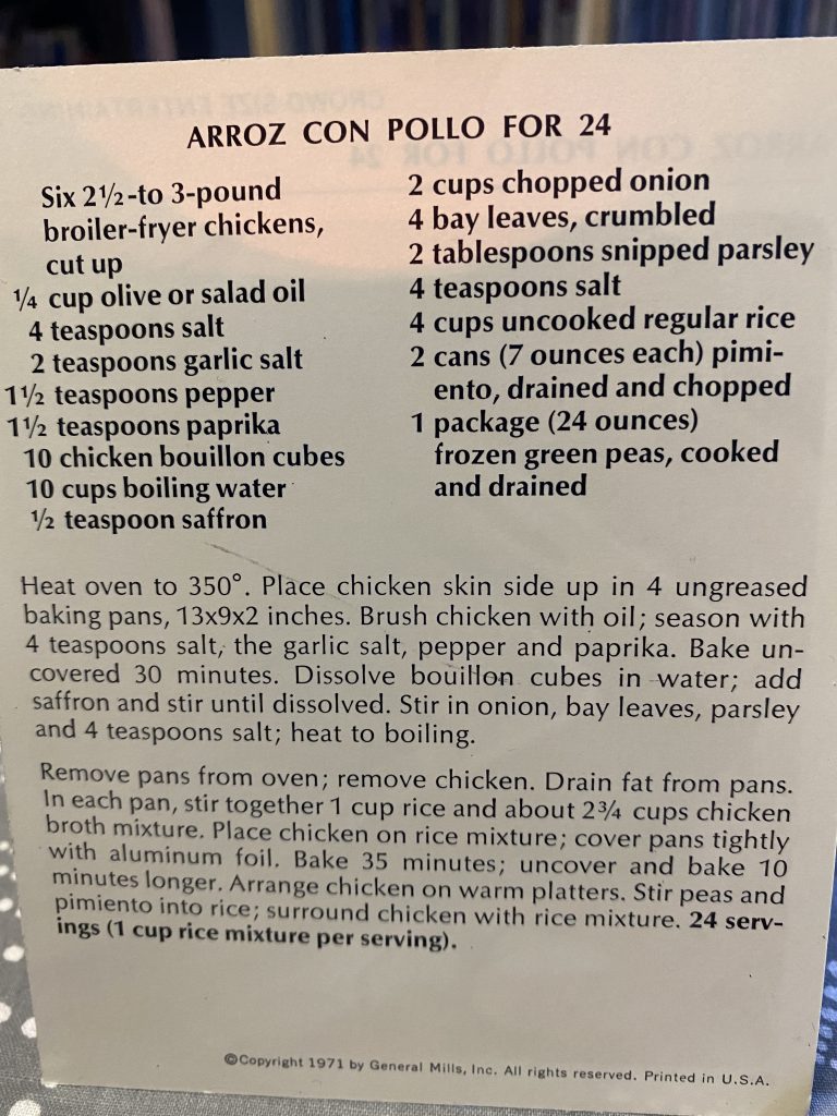 Back side of recipe card for arroz con pollo