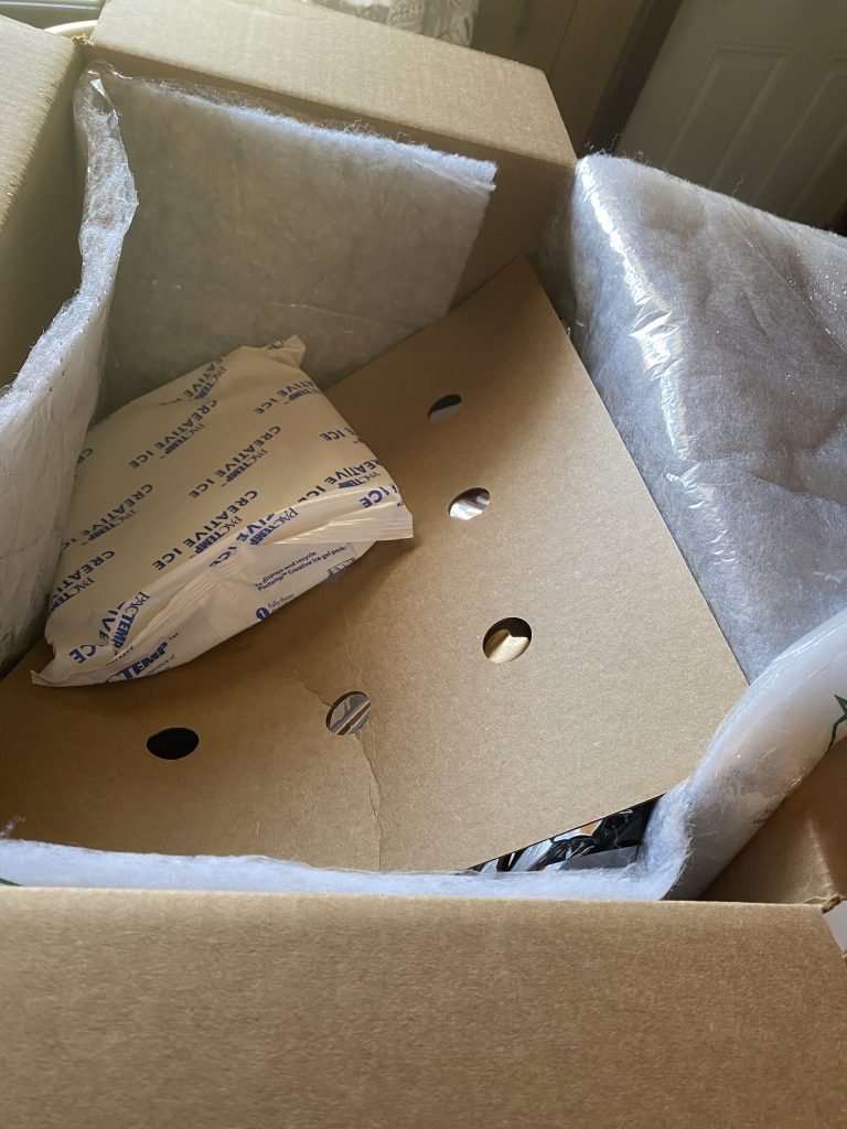 Open box from Misfits Market with meat in cold pack