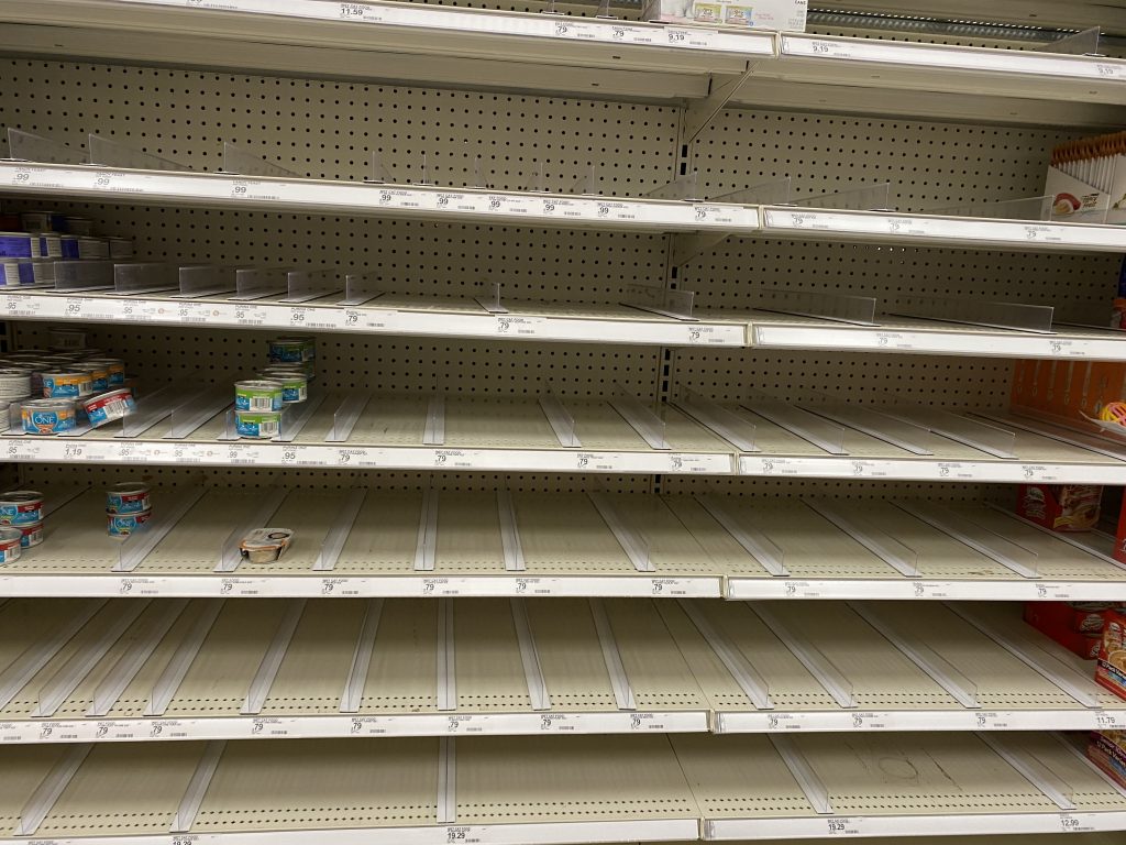 Nearly empty shelves with little cat food