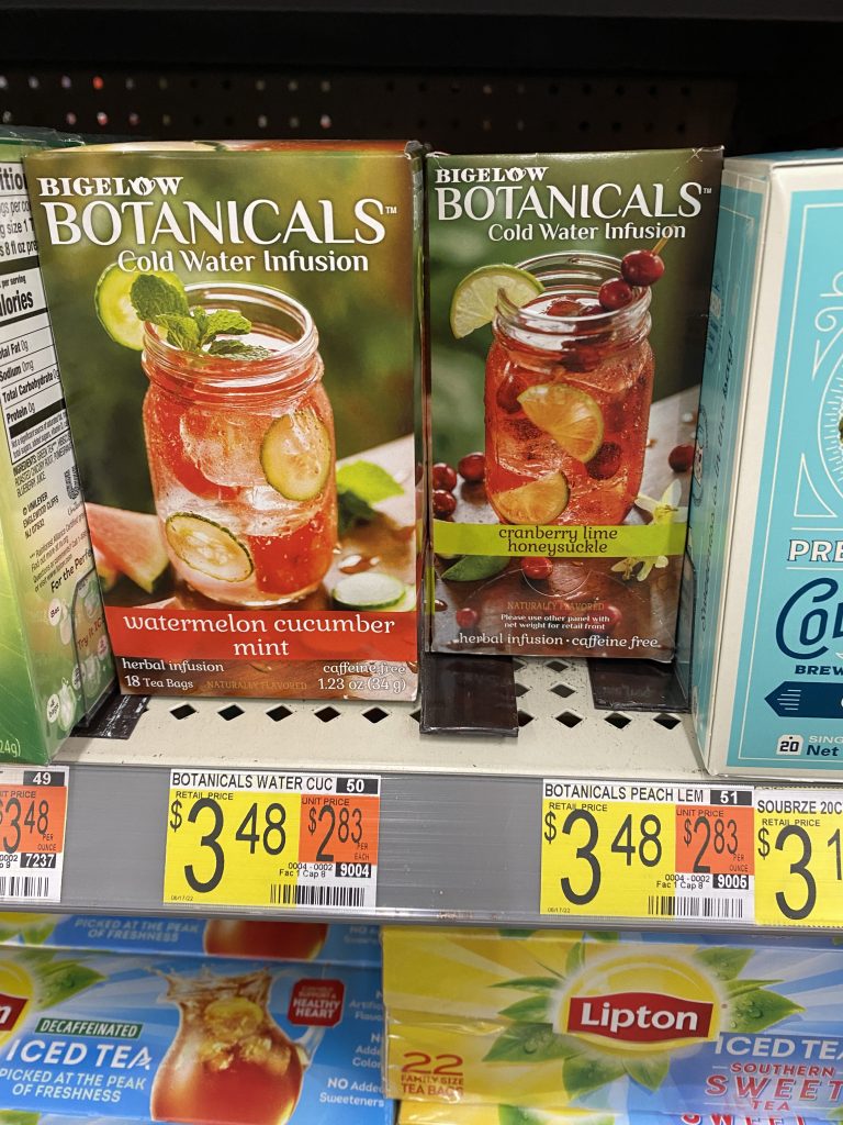 Two boxes of Bigleow cold infusions at $3.48 a box