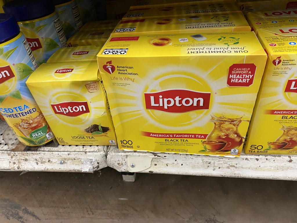 Lipton tea on a bottom shelf in Walmart