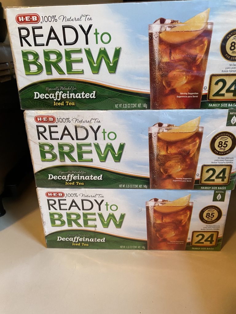 Three boxes of decaf cold brew iced tea bags from HEB