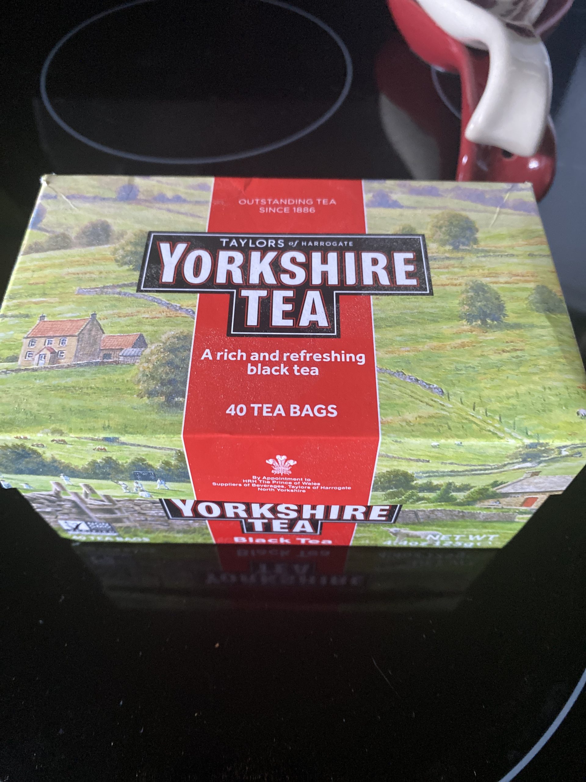 Box of Yorkshire tea on stove