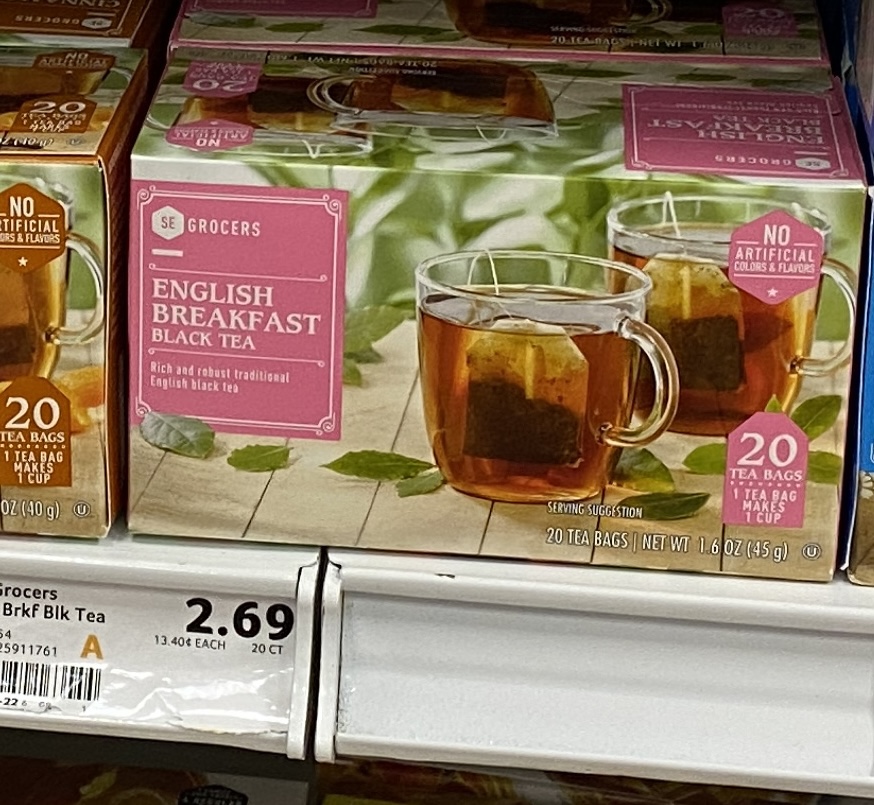 Box of English breakfast tea on shelf in store