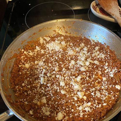 Chorizo & Spaghetti Squash Toss in Large pan on stove