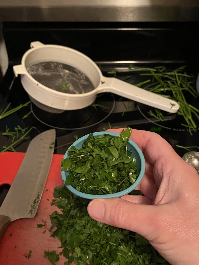 Measured parsley for crab cakes