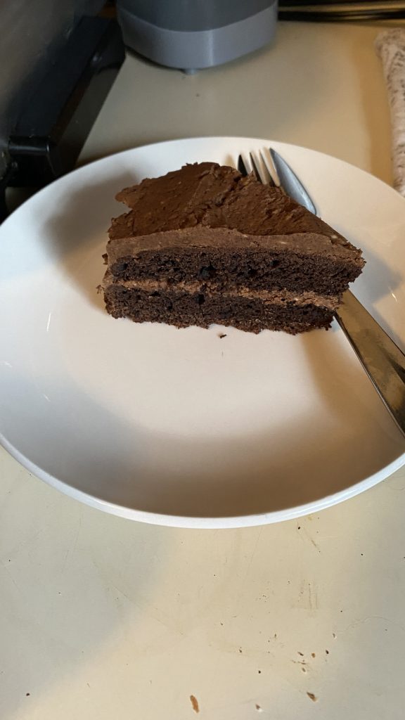 Chocolate layer cake on a white plate