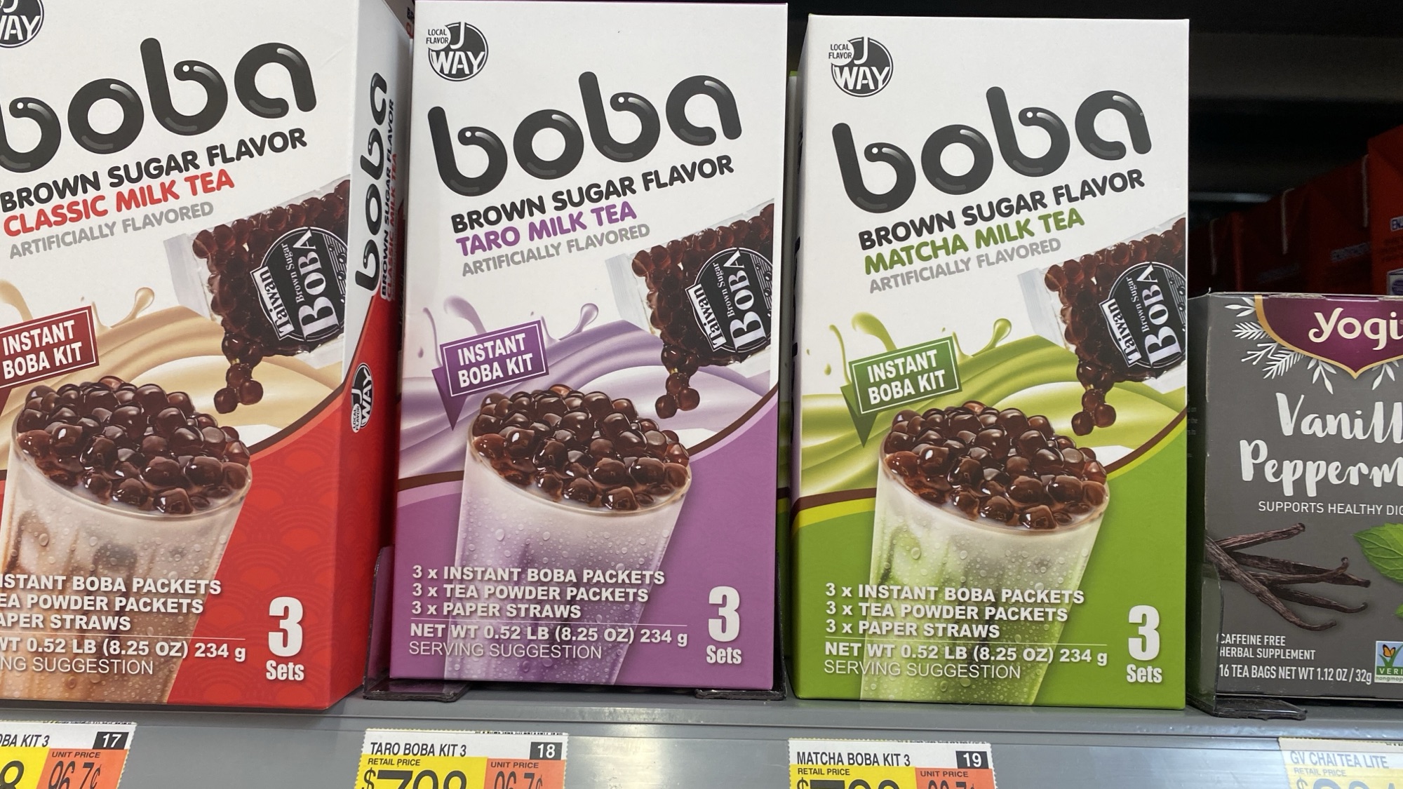 Boxes of Boba Tea on Walmart shelf