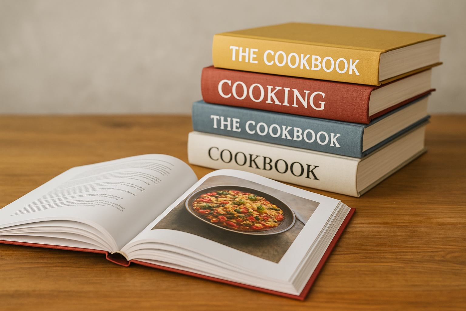 AI generated image of a stack of cookbooks