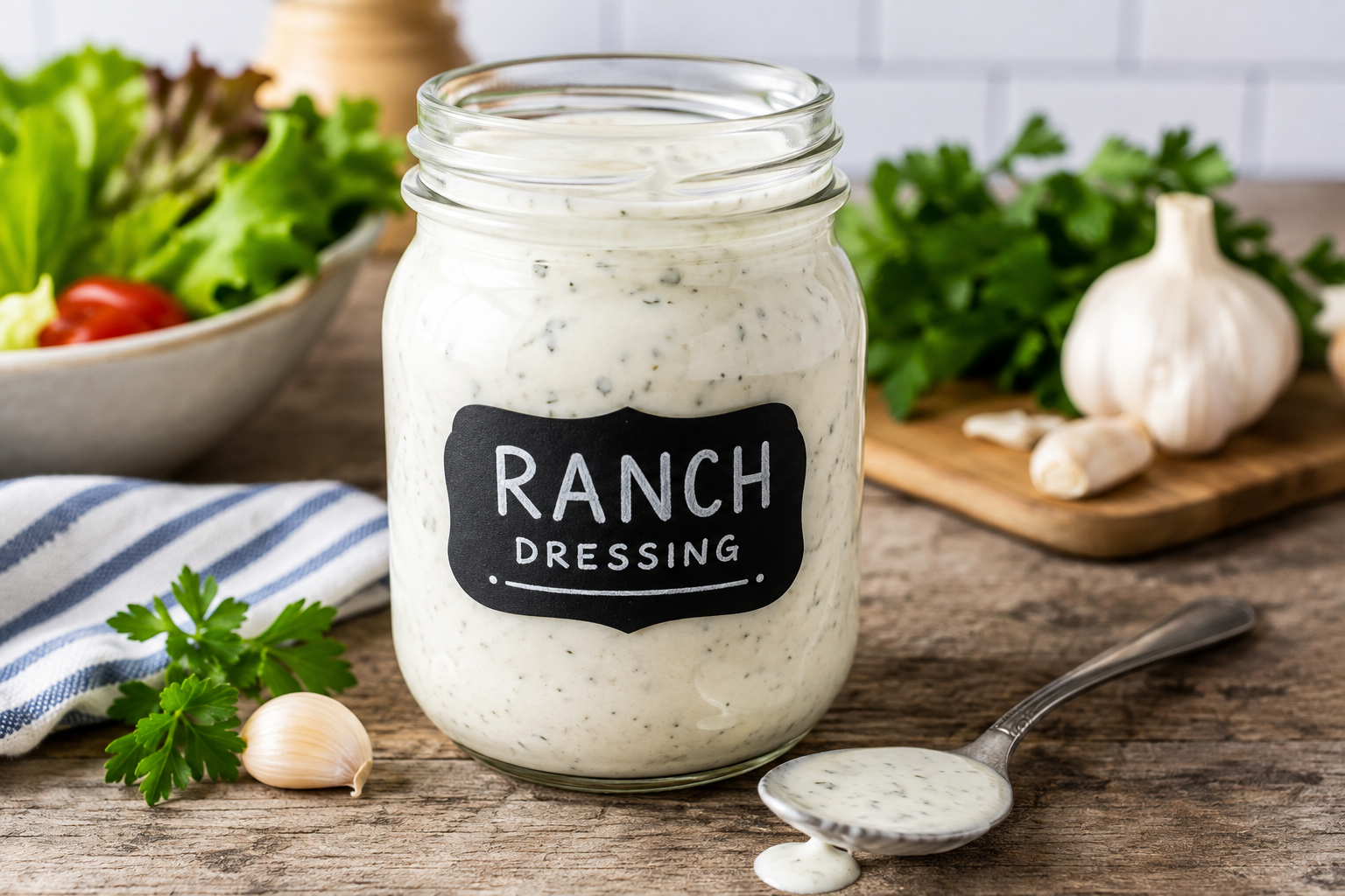 Jar of creamy homemade ranch dressing with fresh herbs and garlic